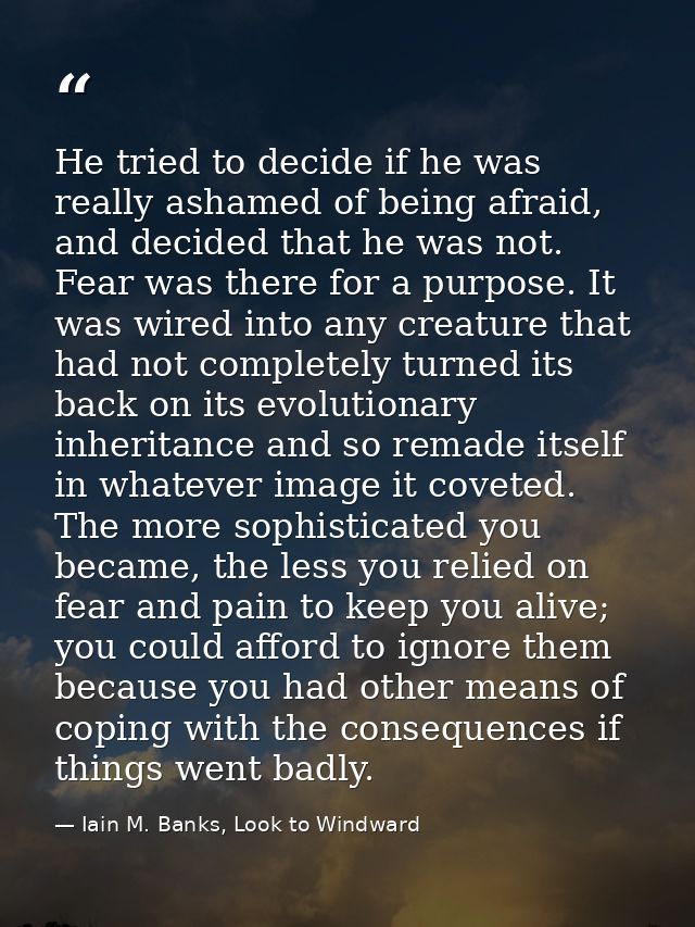 He tried to decide if he was really ashamed of being afraid, and decided that he was not. Fear was there for a purpose.  — Iain M. Banks, Look to Windward