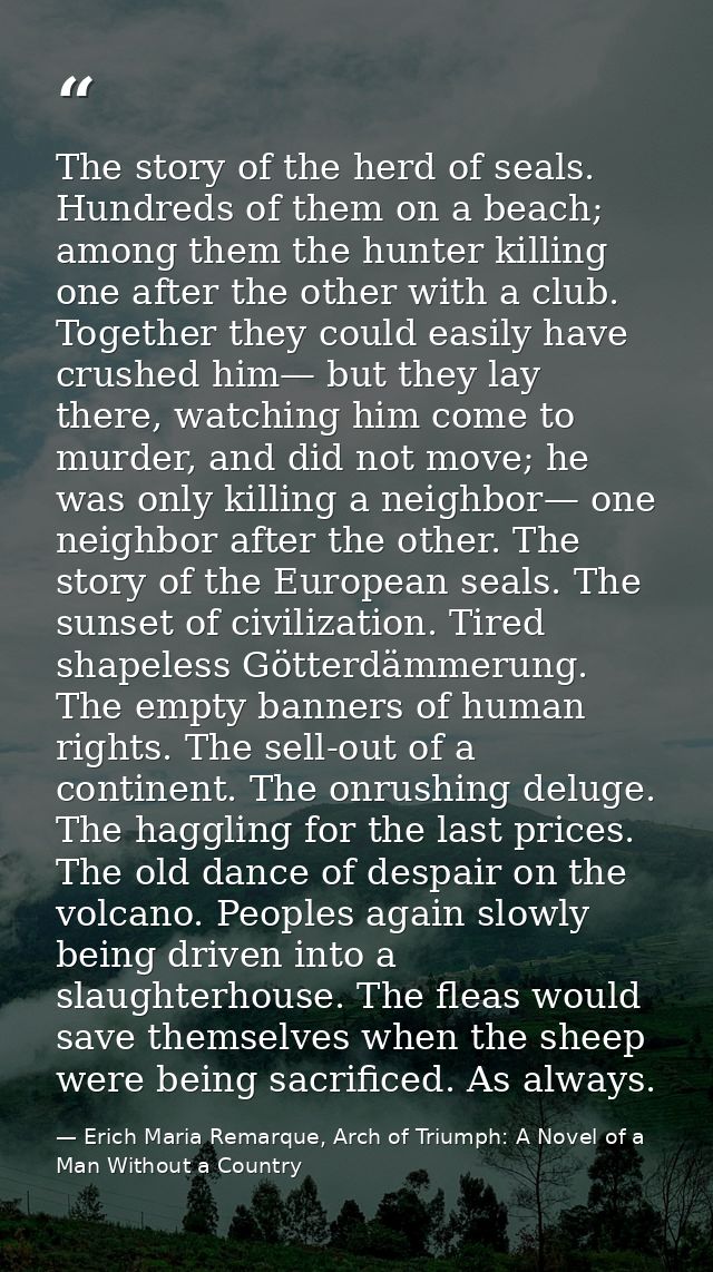 The story of the herd of seals. Hundreds of them on a beach; among them the hunter killing one after the other with a cl — Erich Maria Remarque, Arch of Triumph: A Novel of a Man Without a Country