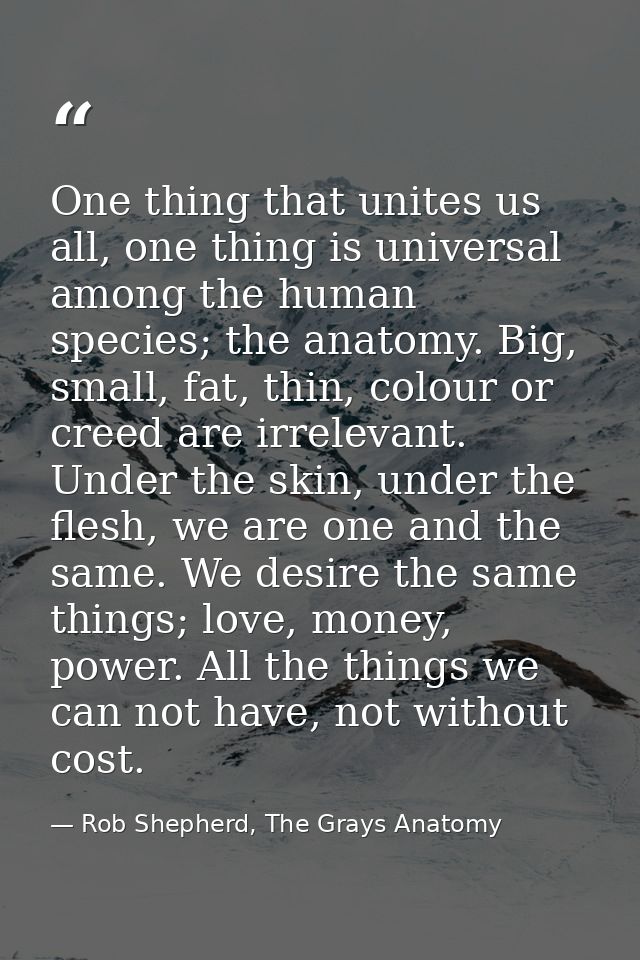 One thing that unites us all, one thing is universal among the human species; the anatomy. Big, small, fat, thin, colour — Rob Shepherd, The Grays Anatomy