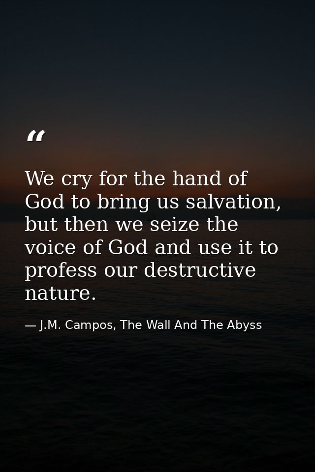 We cry for the hand of God to bring us salvation, but then we seize the voice of God and use it to profess our destructi — J.M. Campos, The Wall And The Abyss