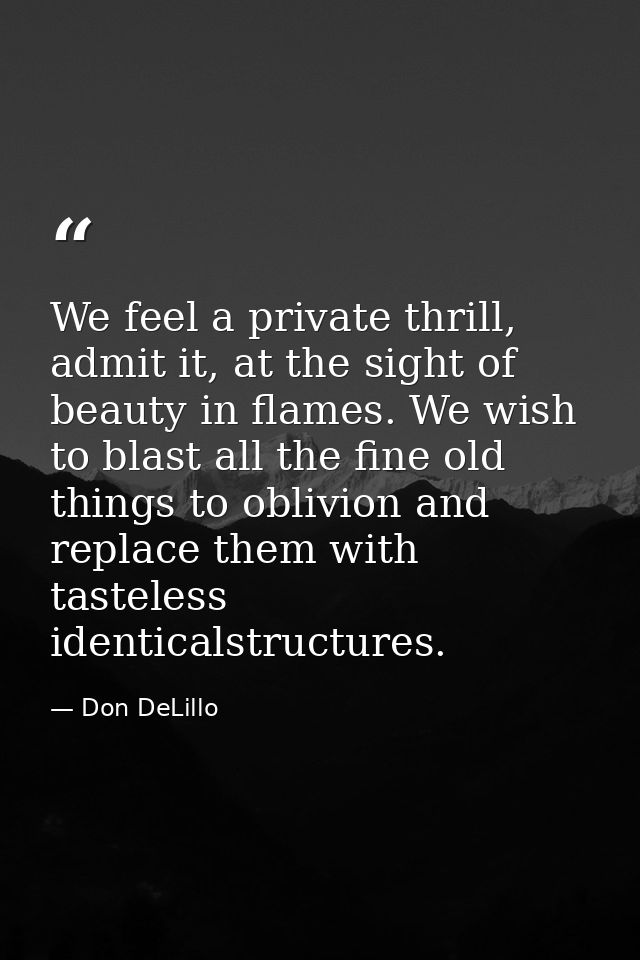 We feel a private thrill, admit it, at the sight of beauty in flames. We wish to blast all the fine old things to oblivi — Don DeLillo