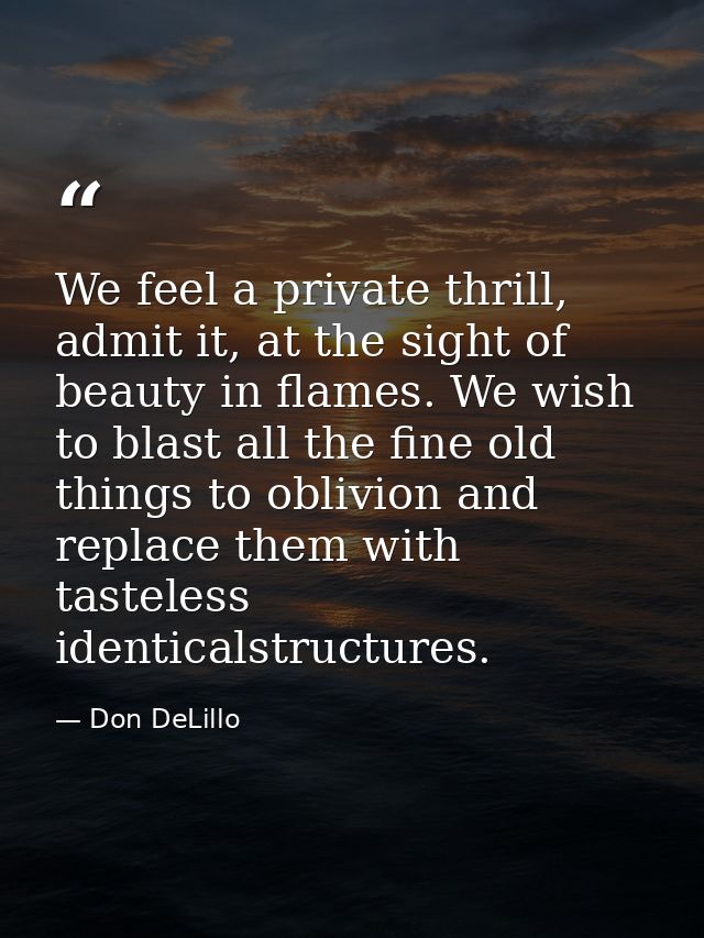 We feel a private thrill, admit it, at the sight of beauty in flames. We wish to blast all the fine old things to oblivi — Don DeLillo