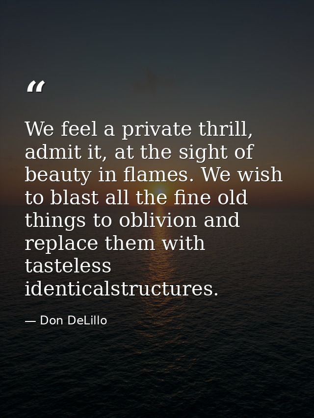 We feel a private thrill, admit it, at the sight of beauty in flames. We wish to blast all the fine old things to oblivi — Don DeLillo
