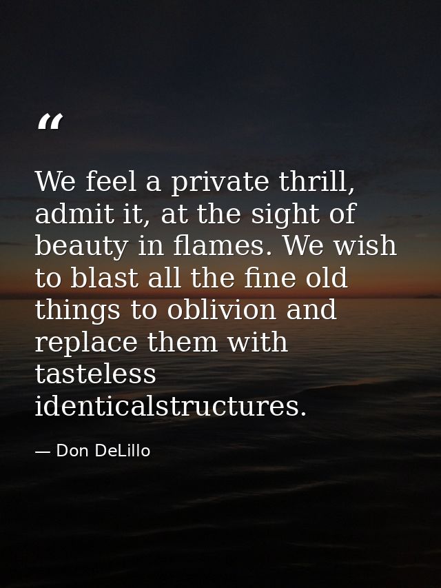 We feel a private thrill, admit it, at the sight of beauty in flames. We wish to blast all the fine old things to oblivi — Don DeLillo