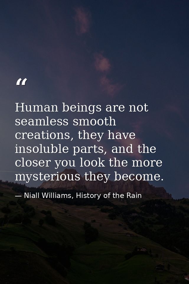 Human beings are not seamless smooth creations, they have insoluble parts, and the closer you look the more mysterious t — Niall Williams, History of the Rain