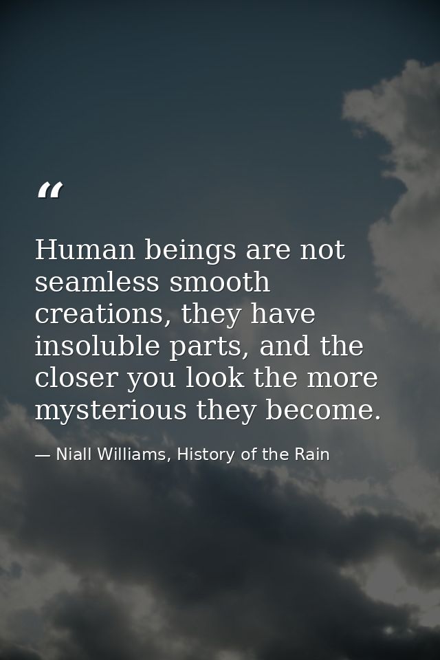 Human beings are not seamless smooth creations, they have insoluble parts, and the closer you look the more mysterious t — Niall Williams, History of the Rain