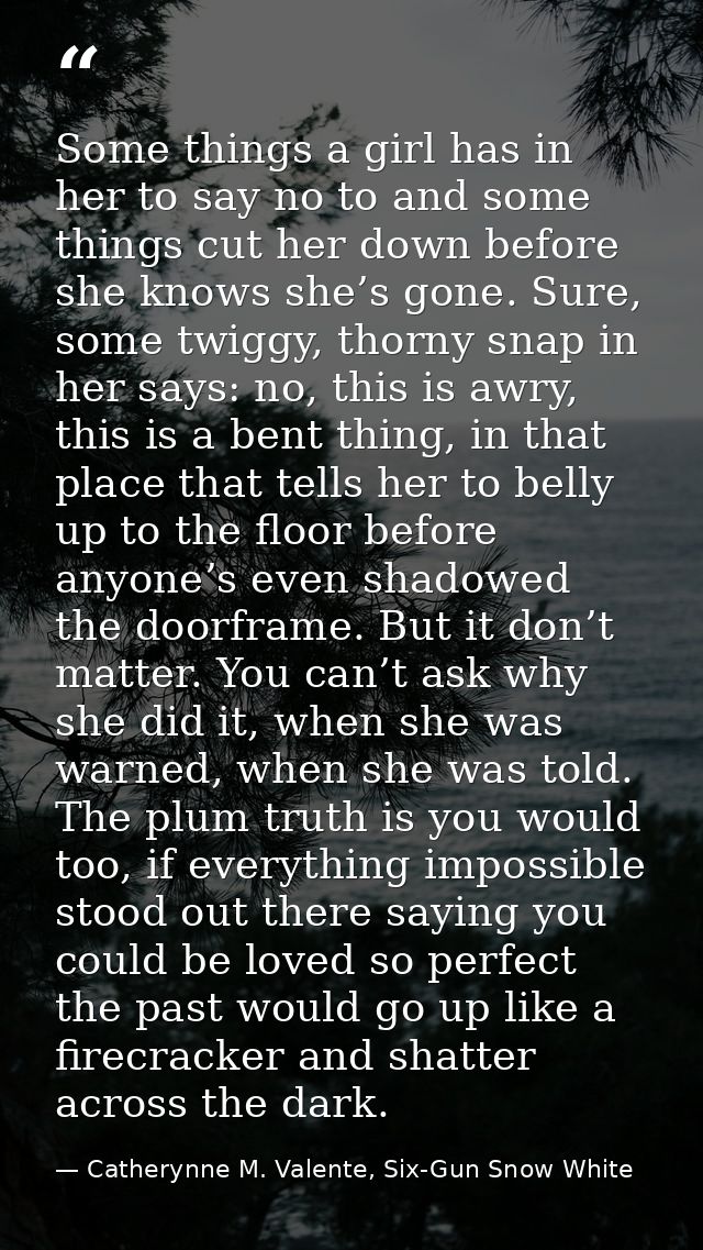 Some things a girl has in her to say no to and some things cut her down before she knows she’s gone. Sure, some twiggy,  — Catherynne M. Valente, Six-Gun Snow White