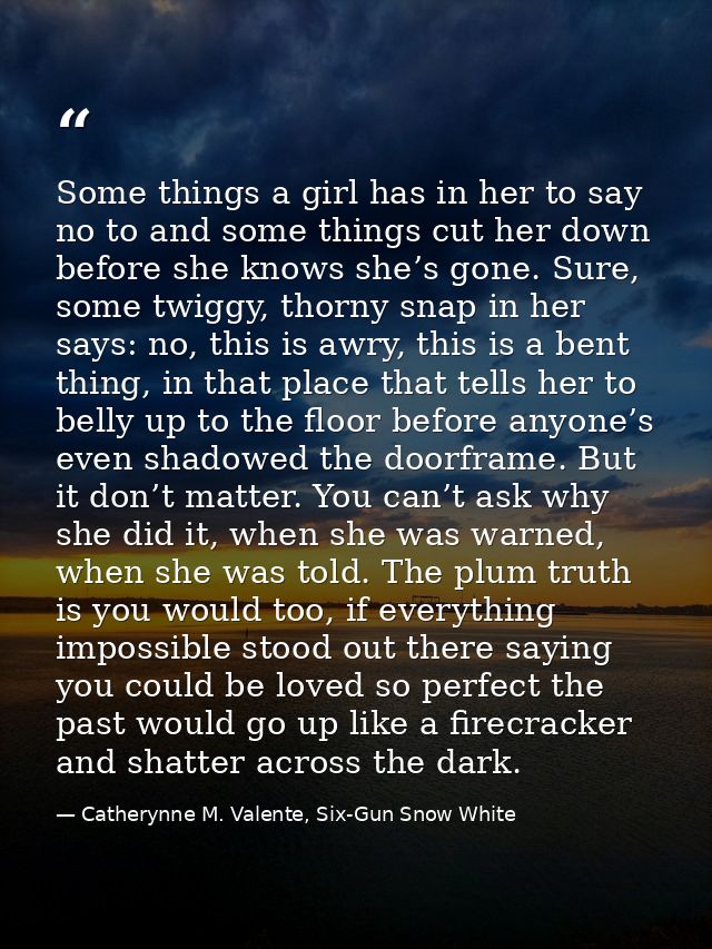 Some things a girl has in her to say no to and some things cut her down before she knows she’s gone. Sure, some twiggy,  — Catherynne M. Valente, Six-Gun Snow White