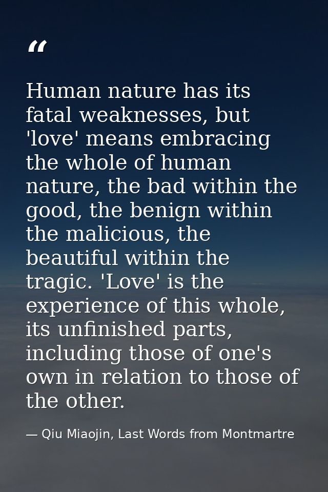 Human nature has its fatal weaknesses, but 'love' means embracing the whole of human nature, the bad within the good, th — Qiu Miaojin, Last Words from Montmartre