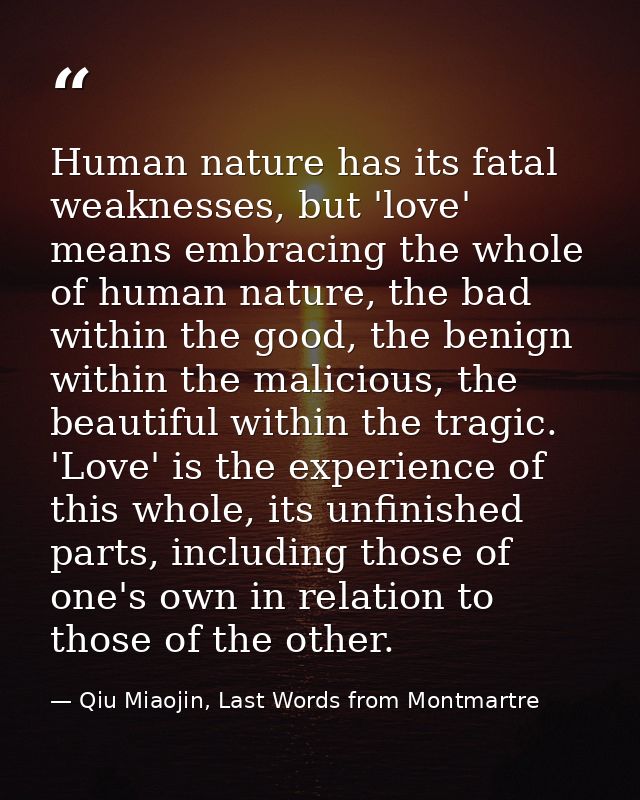 Human nature has its fatal weaknesses, but 'love' means embracing the whole of human nature, the bad within the good, th — Qiu Miaojin, Last Words from Montmartre