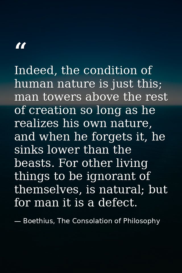Indeed, the condition of human nature is just this; man towers above the rest of creation so long as he realizes his own — Boethius, The Consolation of Philosophy
