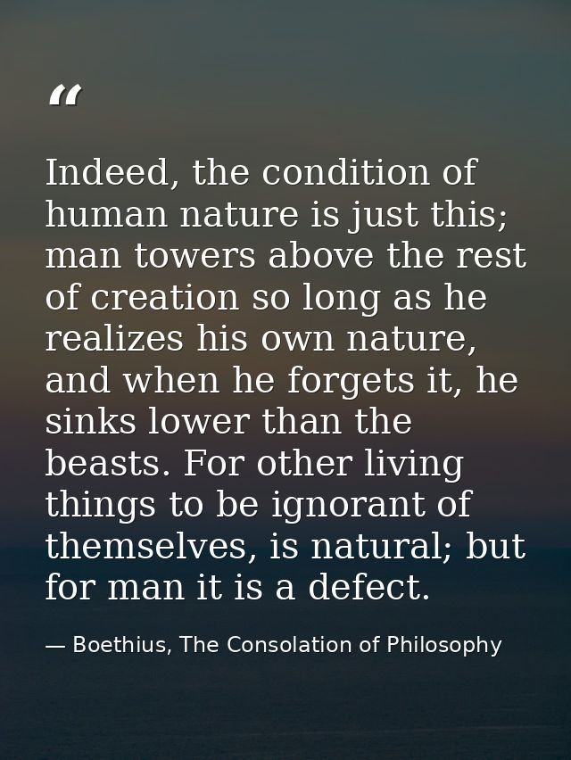 Indeed, the condition of human nature is just this; man towers above the rest of creation so long as he realizes his own — Boethius, The Consolation of Philosophy