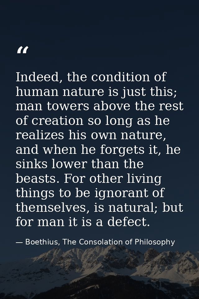 Indeed, the condition of human nature is just this; man towers above the rest of creation so long as he realizes his own — Boethius, The Consolation of Philosophy