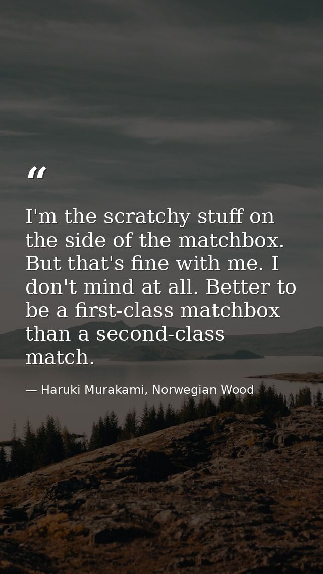 I'm the scratchy stuff on the side of the matchbox. But that's fine with me. I don't mind at all. Better to be a first-c — Haruki Murakami, Norwegian Wood