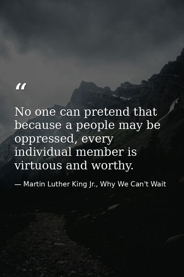 No one can pretend that because a people may be oppressed, every individual member is virtuous and worthy. — Martin Luther King Jr., Why We Can't Wait