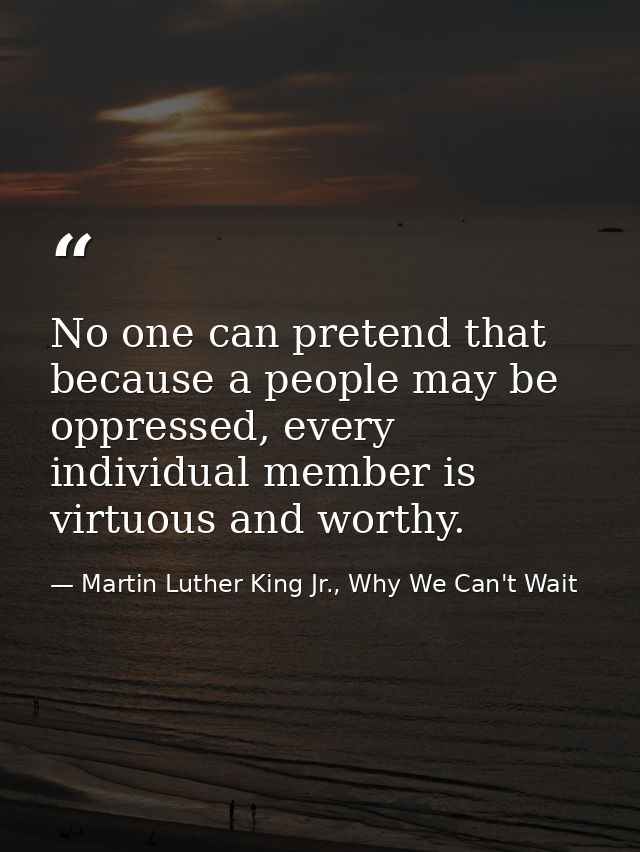No one can pretend that because a people may be oppressed, every individual member is virtuous and worthy. — Martin Luther King Jr., Why We Can't Wait
