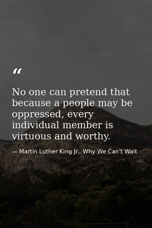 No one can pretend that because a people may be oppressed, every individual member is virtuous and worthy. — Martin Luther King Jr., Why We Can't Wait