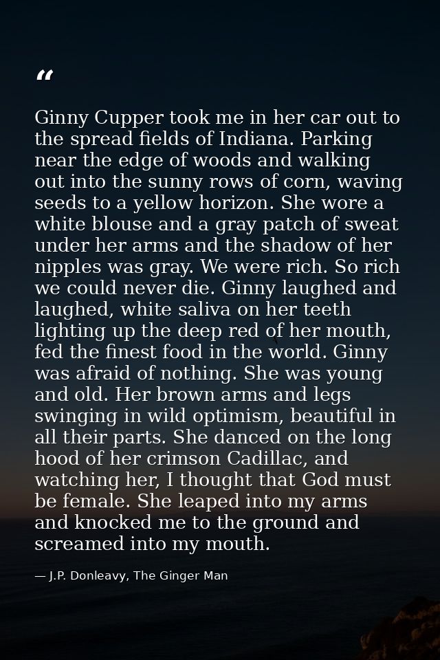 Ginny Cupper took me in her car out to the spread fields of Indiana. Parking near the edge of woods and walking out into — J.P. Donleavy, The Ginger Man