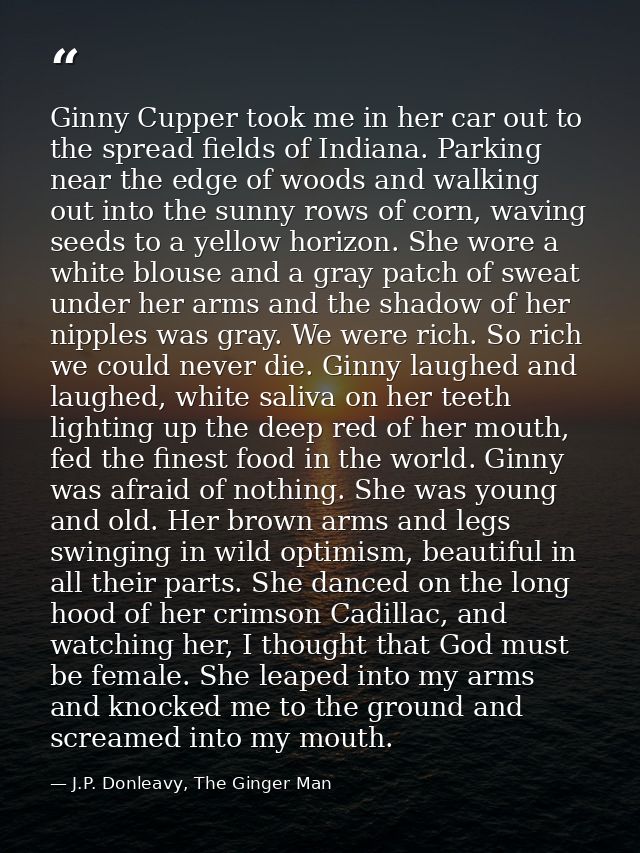 Ginny Cupper took me in her car out to the spread fields of Indiana. Parking near the edge of woods and walking out into — J.P. Donleavy, The Ginger Man