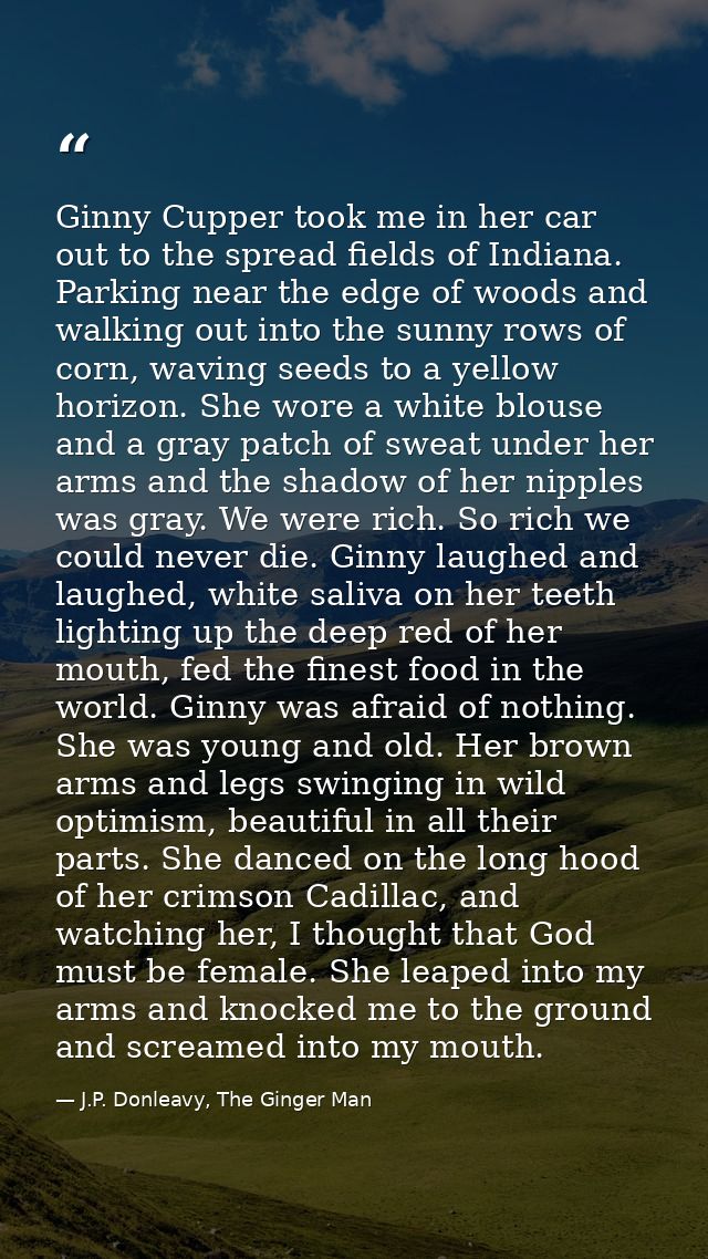 Ginny Cupper took me in her car out to the spread fields of Indiana. Parking near the edge of woods and walking out into — J.P. Donleavy, The Ginger Man