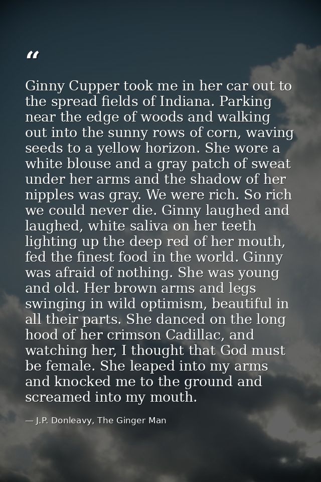 Ginny Cupper took me in her car out to the spread fields of Indiana. Parking near the edge of woods and walking out into — J.P. Donleavy, The Ginger Man