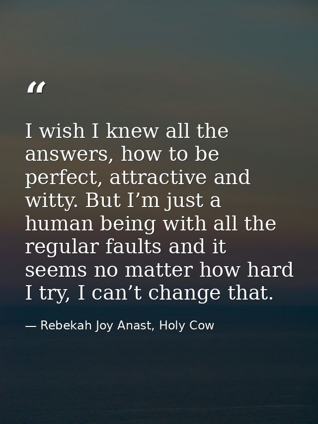 I wish I knew all the answers, how to be perfect, attractive and witty. But I’m just a human being with all the regular  — Rebekah Joy Anast, Holy Cow
