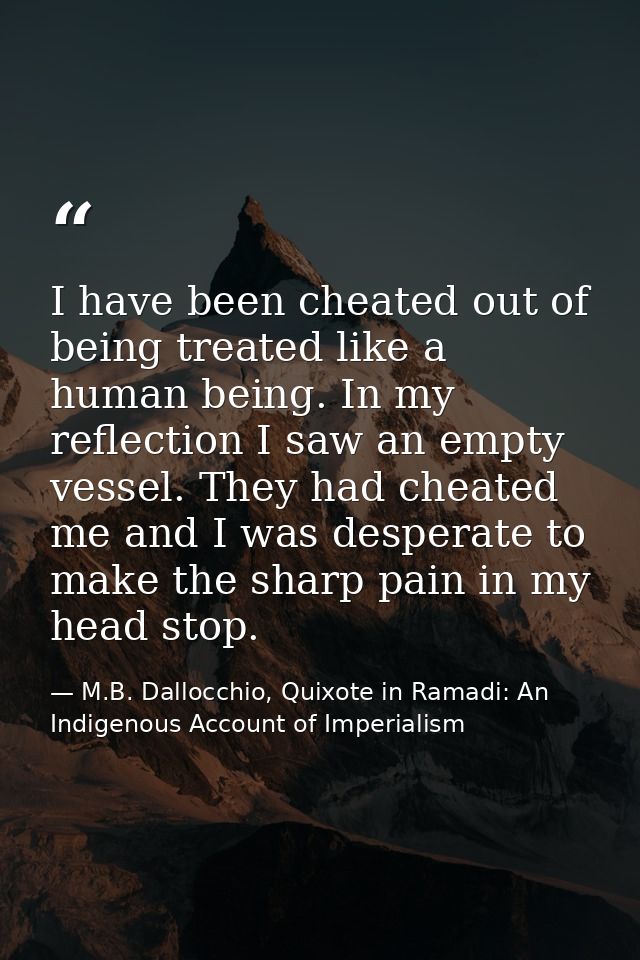 I have been cheated out of being treated like a human being. In my reflection I saw an empty vessel. They had cheated me — M.B. Dallocchio, Quixote in Ramadi: An Indigenous Account of Imperialism