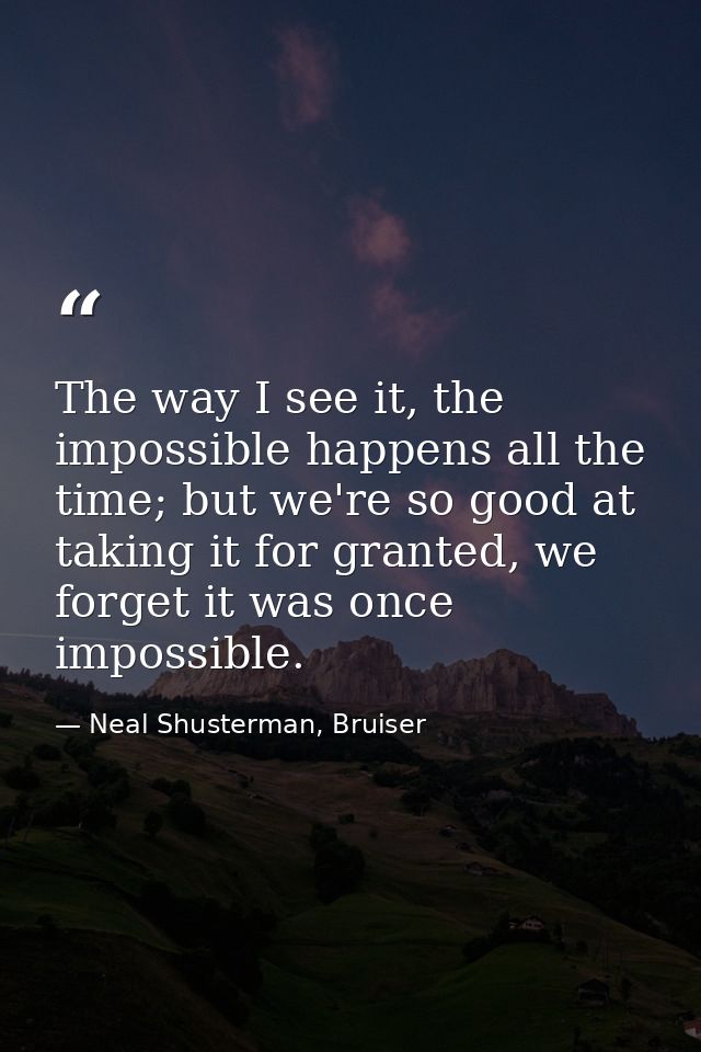 The way I see it, the impossible happens all the time; but we're so good at taking it for granted, we forget it was once — Neal Shusterman, Bruiser
