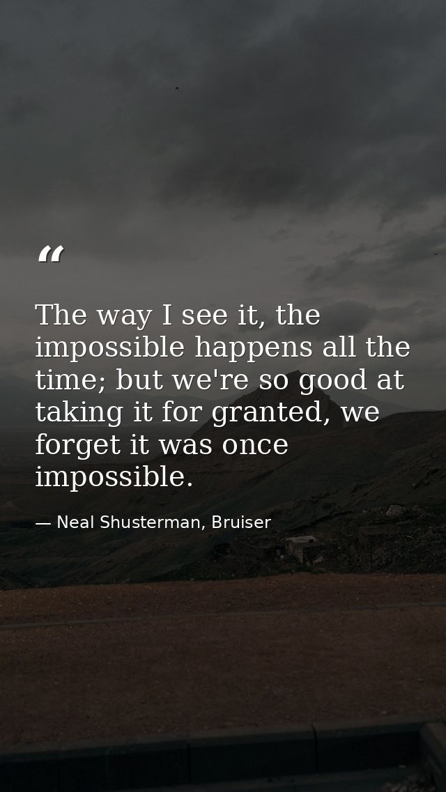 The way I see it, the impossible happens all the time; but we're so good at taking it for granted, we forget it was once — Neal Shusterman, Bruiser