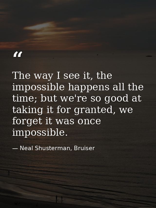 The way I see it, the impossible happens all the time; but we're so good at taking it for granted, we forget it was once — Neal Shusterman, Bruiser