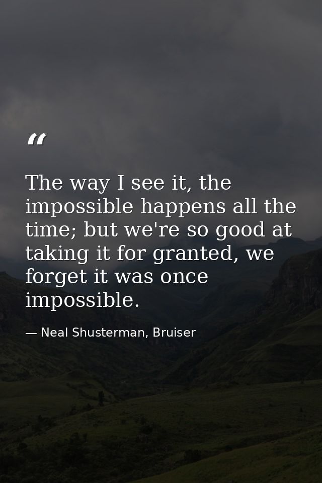 The way I see it, the impossible happens all the time; but we're so good at taking it for granted, we forget it was once — Neal Shusterman, Bruiser