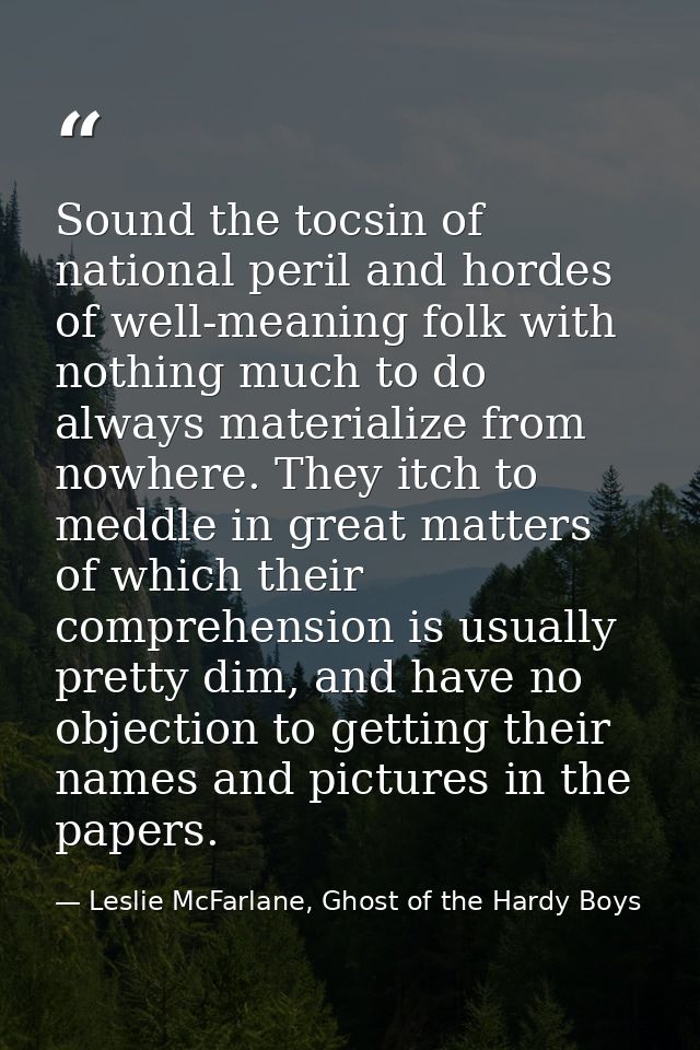 Sound the tocsin of national peril and hordes of well-meaning folk with nothing much to do always materialize from nowhe — Leslie McFarlane, Ghost of the Hardy Boys