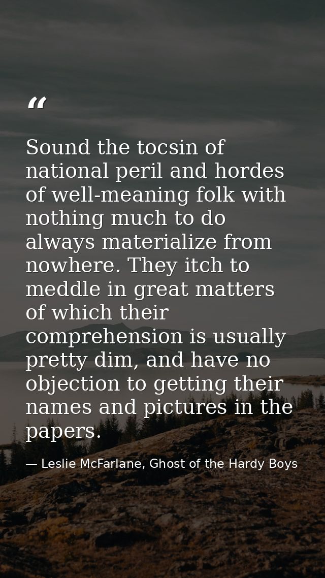 Sound the tocsin of national peril and hordes of well-meaning folk with nothing much to do always materialize from nowhe — Leslie McFarlane, Ghost of the Hardy Boys