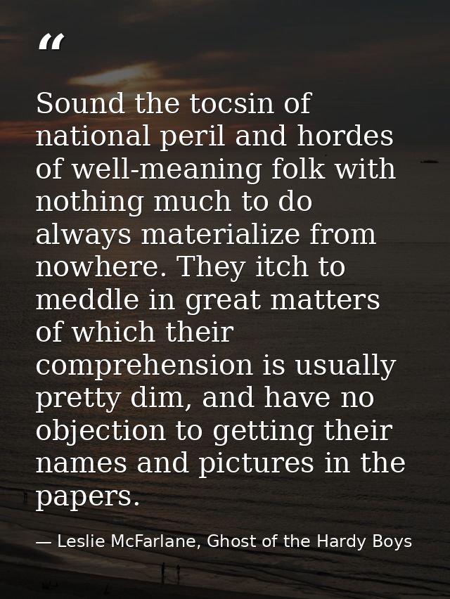 Sound the tocsin of national peril and hordes of well-meaning folk with nothing much to do always materialize from nowhe — Leslie McFarlane, Ghost of the Hardy Boys