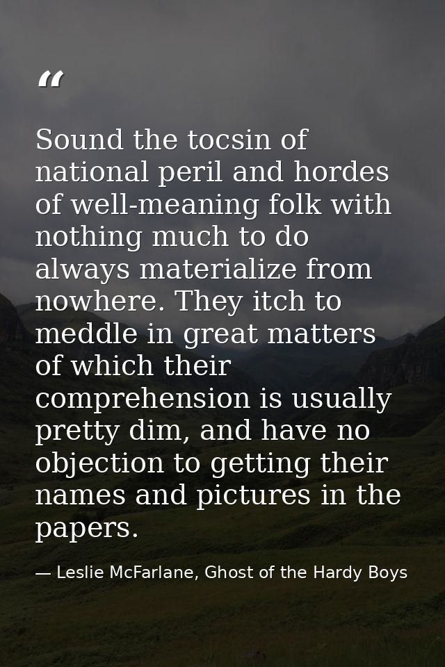 Sound the tocsin of national peril and hordes of well-meaning folk with nothing much to do always materialize from nowhe — Leslie McFarlane, Ghost of the Hardy Boys