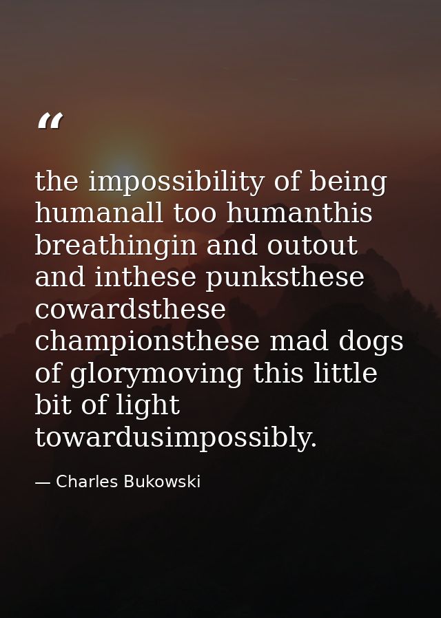the impossibility of being humanall too humanthis breathingin and outout and inthese punksthese cowardsthese championsth — Charles Bukowski