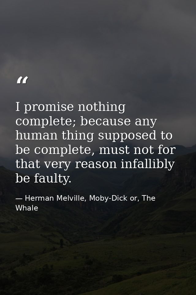 I promise nothing complete; because any human thing supposed to be complete, must not for that very reason infallibly be — Herman Melville, Moby-Dick or, The Whale