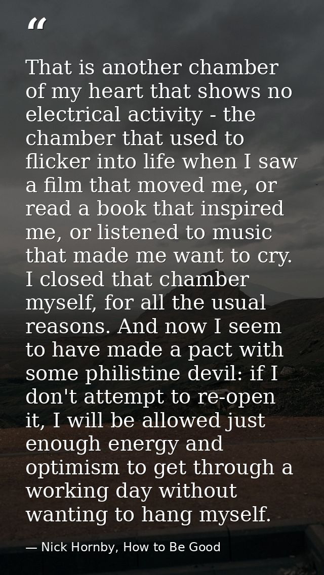 That is another chamber of my heart that shows no electrical activity - the chamber that used to flicker into life when  — Nick Hornby, How to Be Good