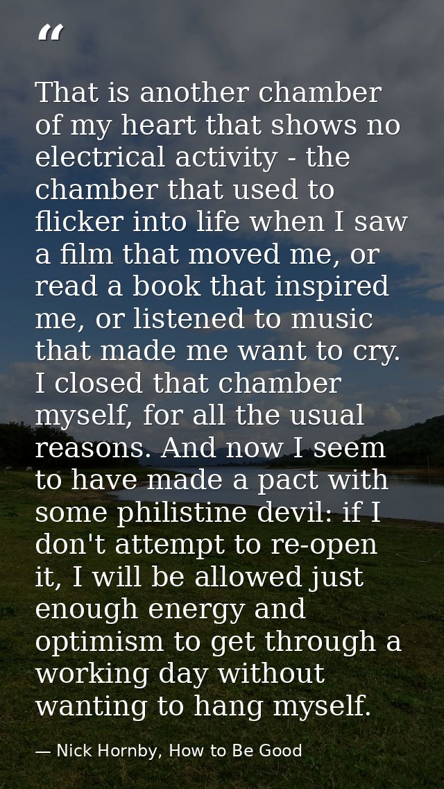 That is another chamber of my heart that shows no electrical activity - the chamber that used to flicker into life when  — Nick Hornby, How to Be Good