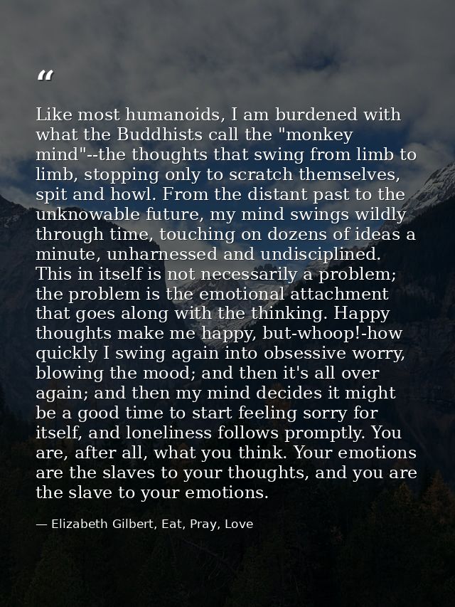 Like most humanoids, I am burdened with what the Buddhists call the "monkey mind"--the thoughts that swing from limb to  — Elizabeth Gilbert, Eat, Pray, Love