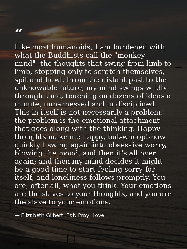 Like most humanoids, I am burdened with what the Buddhists call the "monkey mind"--the thoughts that swing from limb to  — Elizabeth Gilbert, Eat, Pray, Love