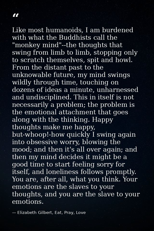 Like most humanoids, I am burdened with what the Buddhists call the "monkey mind"--the thoughts that swing from limb to  — Elizabeth Gilbert, Eat, Pray, Love