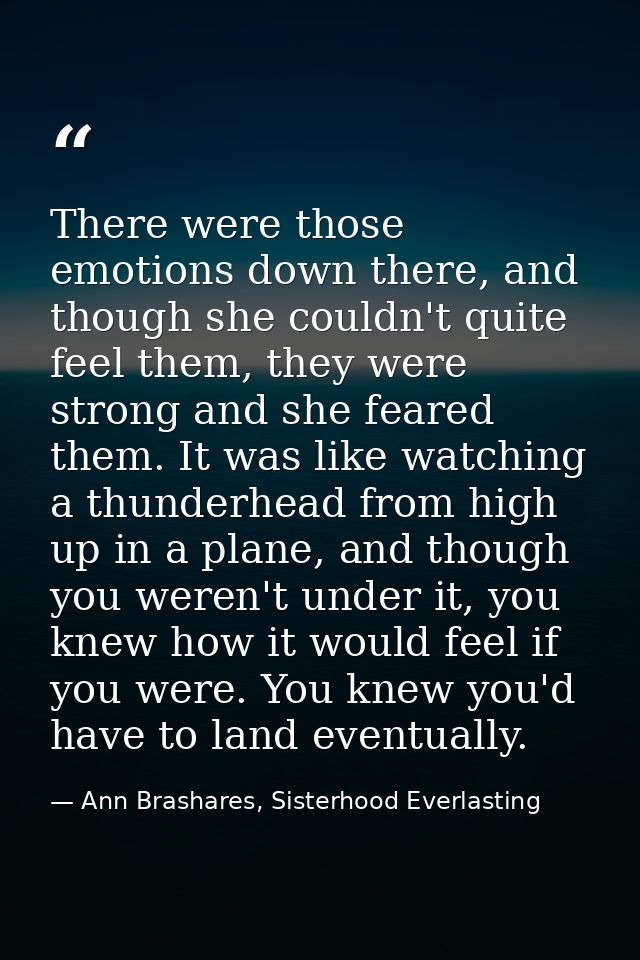 There were those emotions down there, and though she couldn't quite feel them, they were strong and she feared them. It  — Ann Brashares, Sisterhood Everlasting