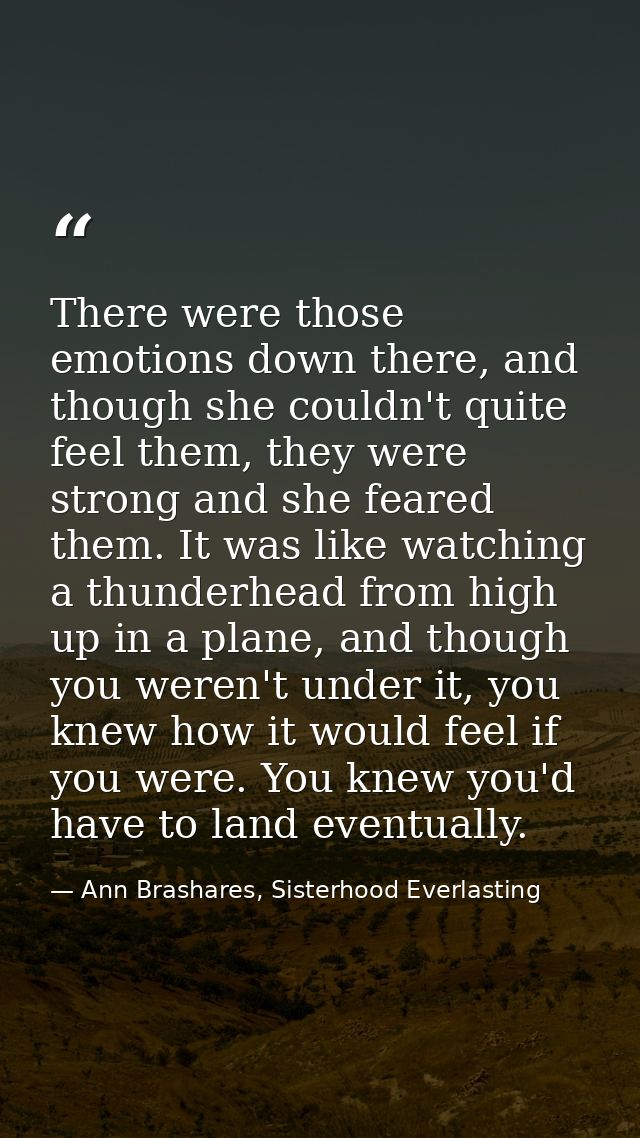 There were those emotions down there, and though she couldn't quite feel them, they were strong and she feared them. It  — Ann Brashares, Sisterhood Everlasting