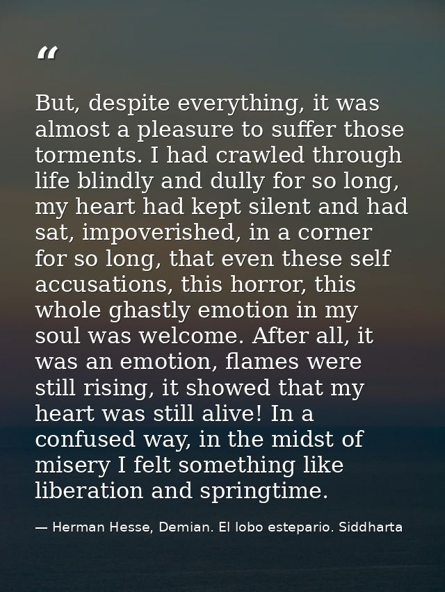 But, despite everything, it was almost a pleasure to suffer those torments. I had crawled through life blindly and dully — Herman Hesse, Demian. El lobo estepario. Siddharta
