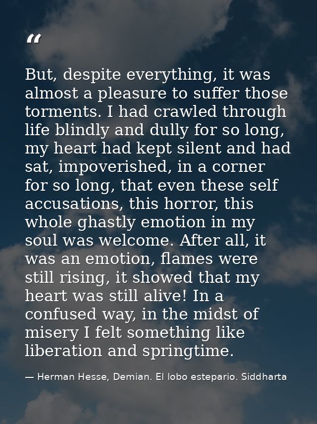 But, despite everything, it was almost a pleasure to suffer those torments. I had crawled through life blindly and dully — Herman Hesse, Demian. El lobo estepario. Siddharta