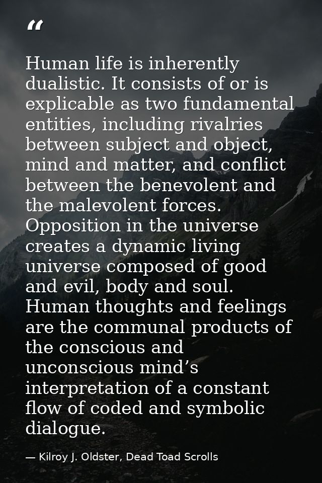 Human life is inherently dualistic. It consists of or is explicable as two fundamental entities, including rivalries bet — Kilroy J. Oldster, Dead Toad Scrolls
