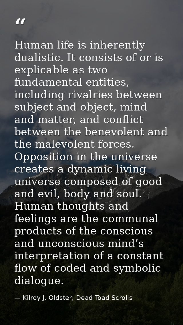 Human life is inherently dualistic. It consists of or is explicable as two fundamental entities, including rivalries bet — Kilroy J. Oldster, Dead Toad Scrolls