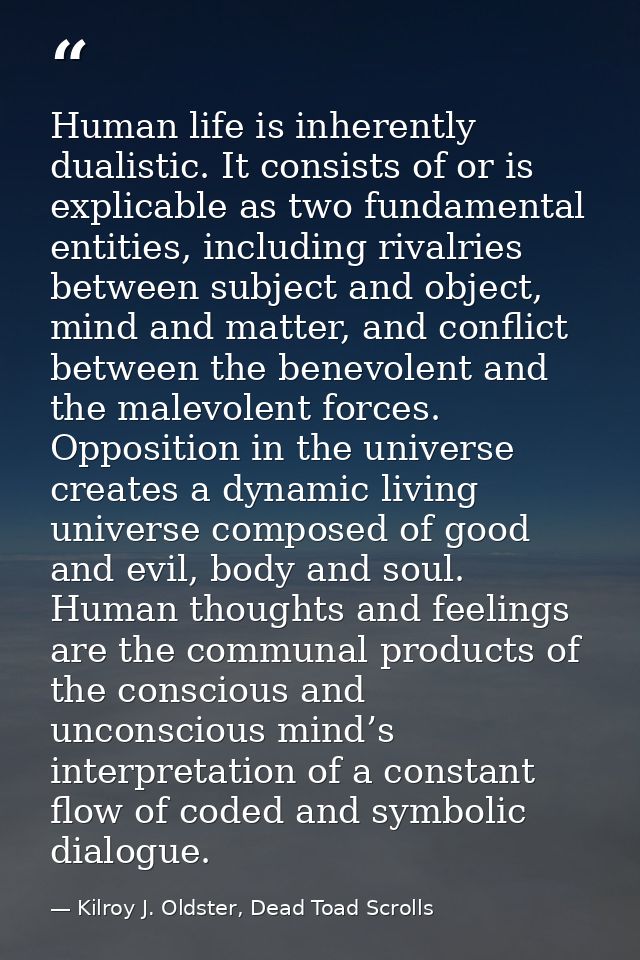 Human life is inherently dualistic. It consists of or is explicable as two fundamental entities, including rivalries bet — Kilroy J. Oldster, Dead Toad Scrolls