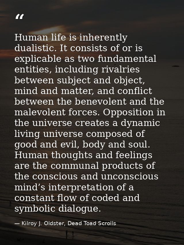 Human life is inherently dualistic. It consists of or is explicable as two fundamental entities, including rivalries bet — Kilroy J. Oldster, Dead Toad Scrolls